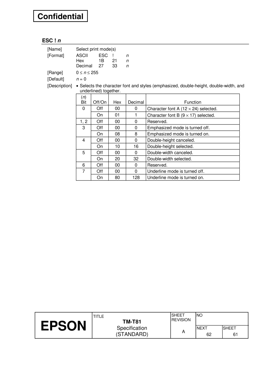 Epson T81 specifications ESC ! n 