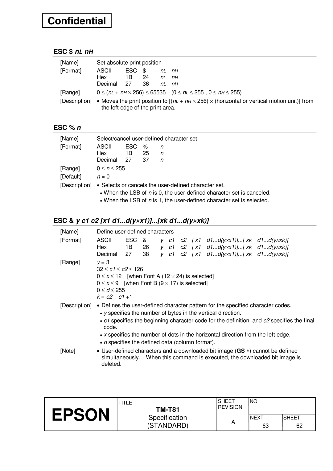 Epson T81 specifications ESC $ nL nH, ESC % n, ESC & y c1 c2 x1 d1 Dy ⋅x1 Xk d1 Dy ⋅xk, Dy ⋅x1 Dy ⋅xk, = c2 c1 +1 