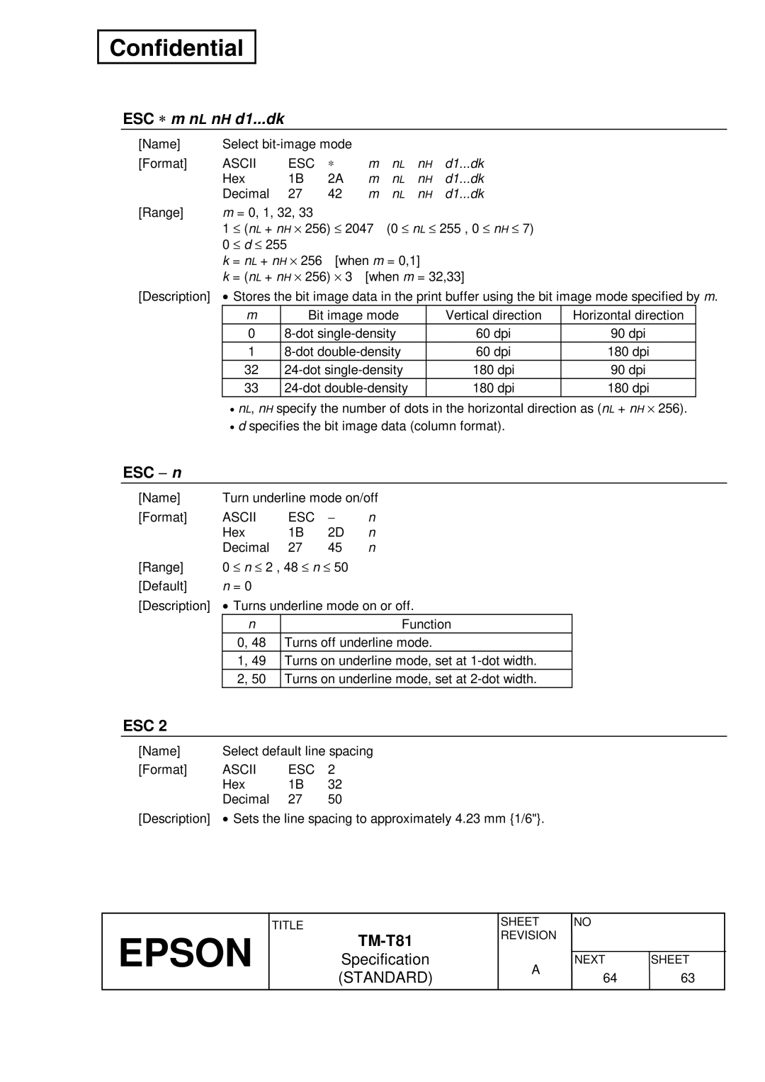 Epson T81 specifications ESC ∗ m nL nH d1...dk, ESC − n, D1...dk 