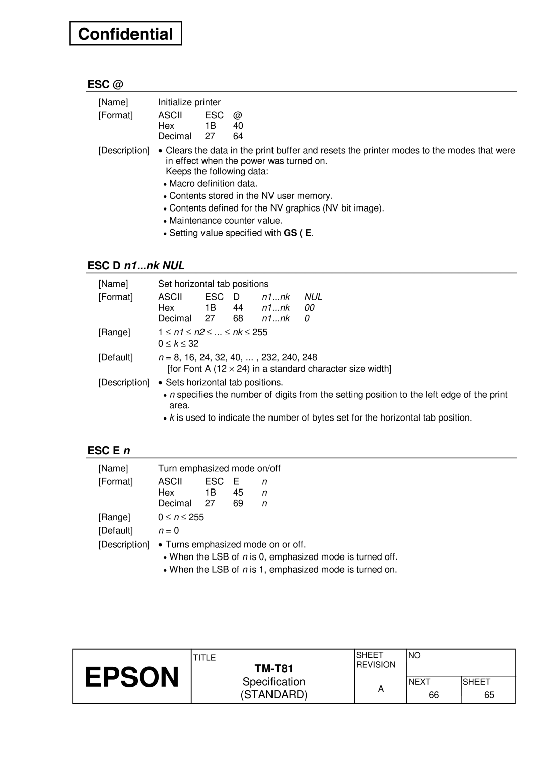 Epson T81 specifications ESC D n1...nk NUL, ESC E n, N1...nk 