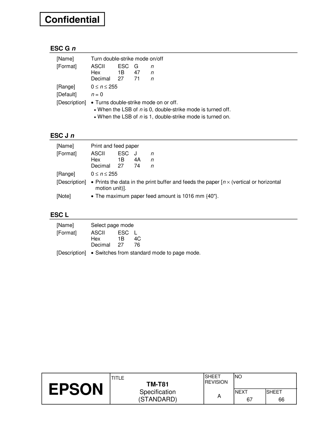 Epson T81 specifications ESC G n, ESC J n 