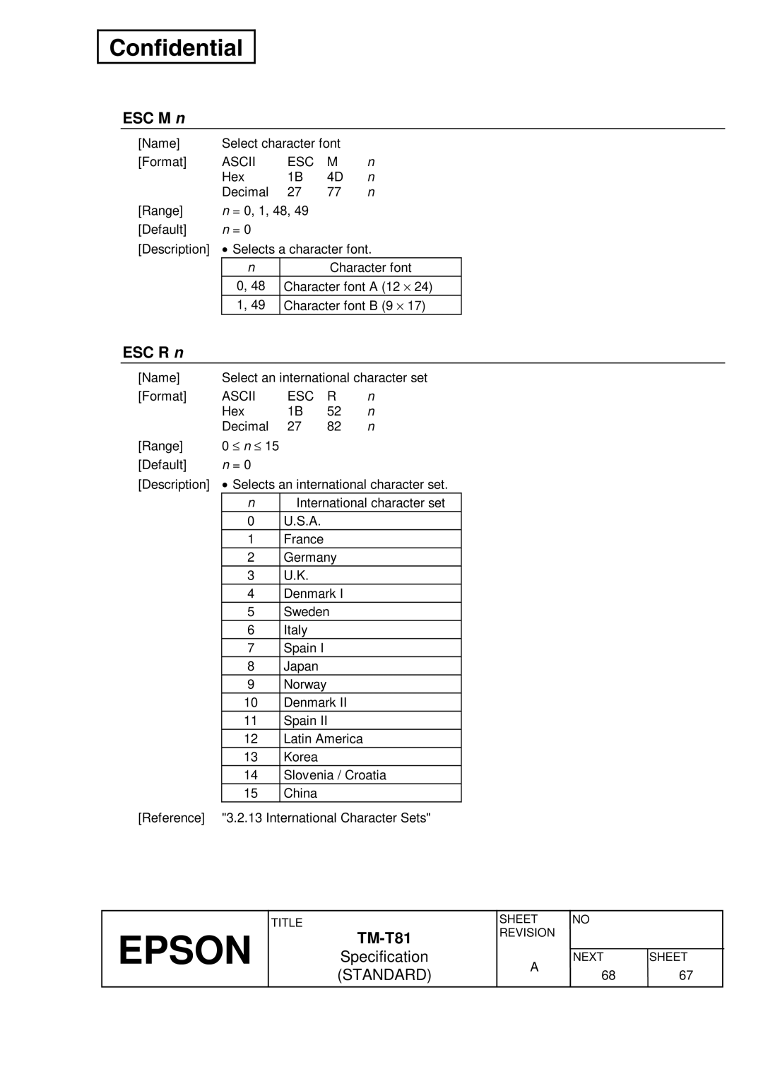 Epson T81 specifications ESC M n, ESC R n 