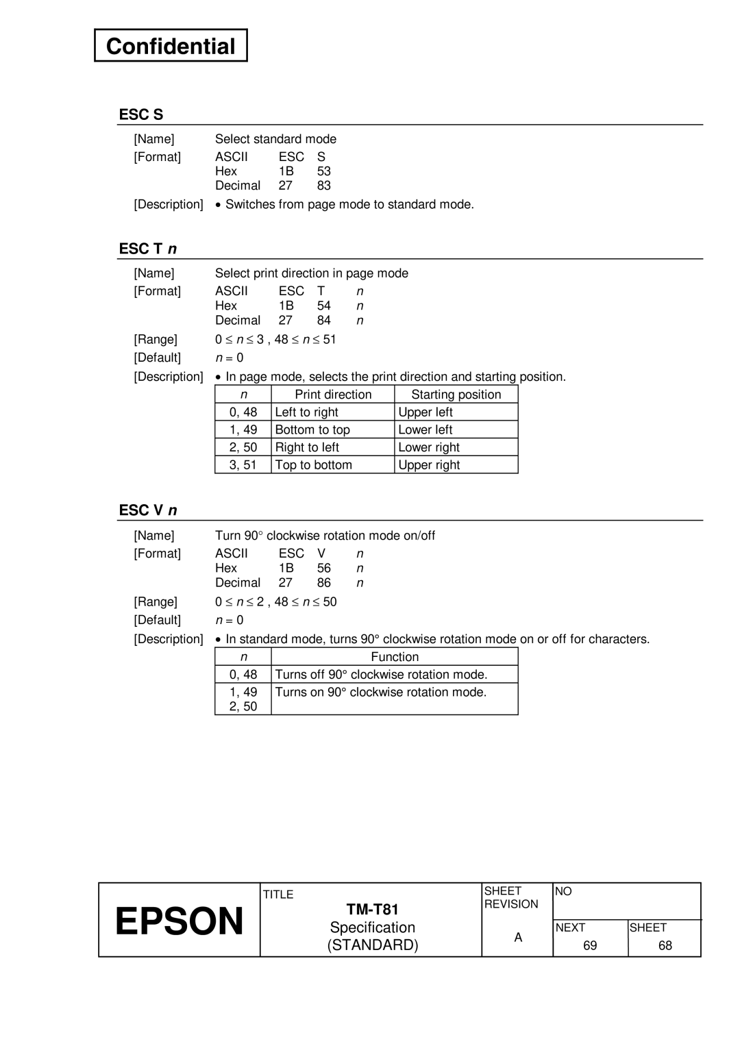 Epson T81 specifications ESC T n, ESC V n 