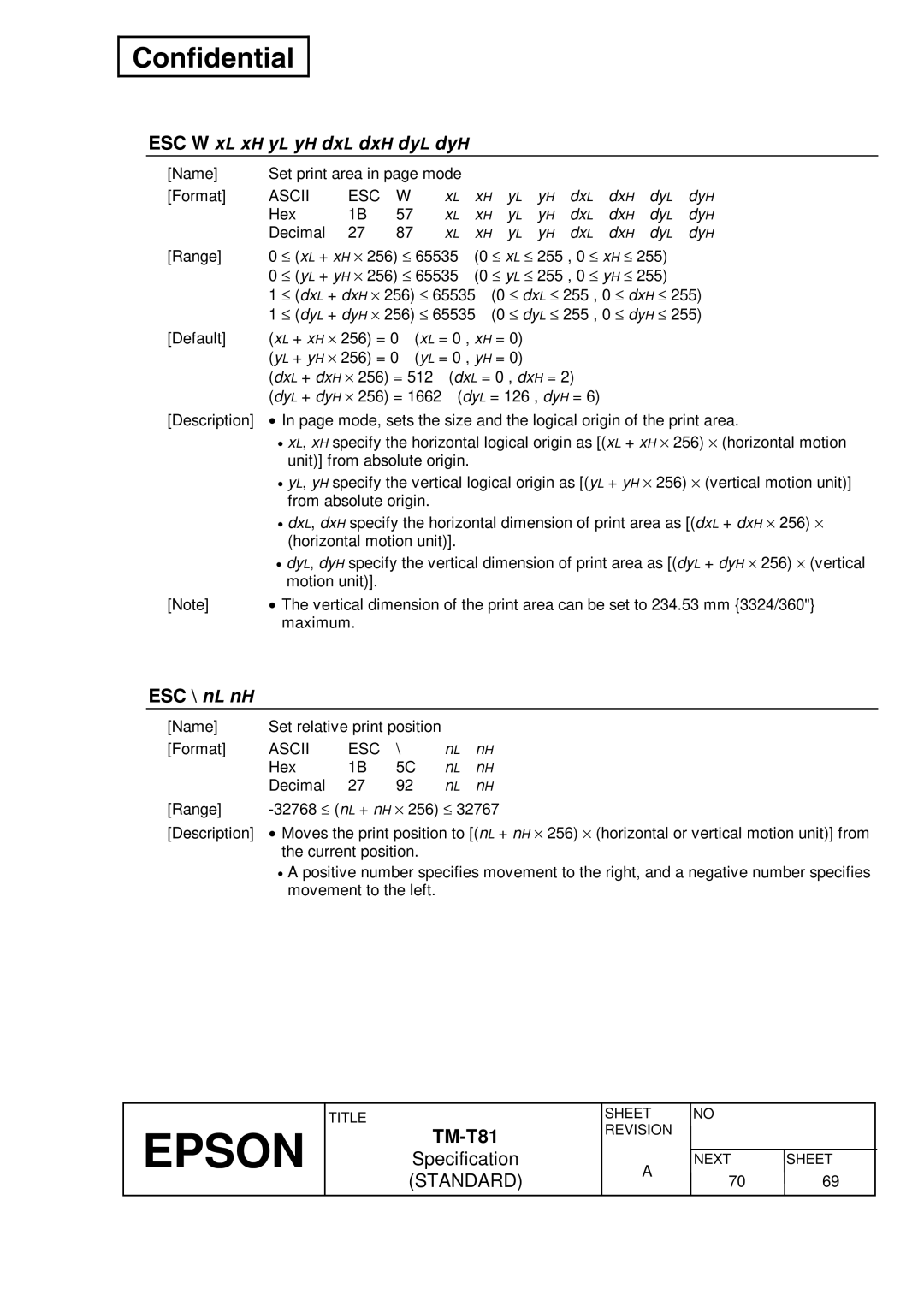 Epson T81 specifications ESC \ nL nH, Dx L Dx H Dy L Dy H 