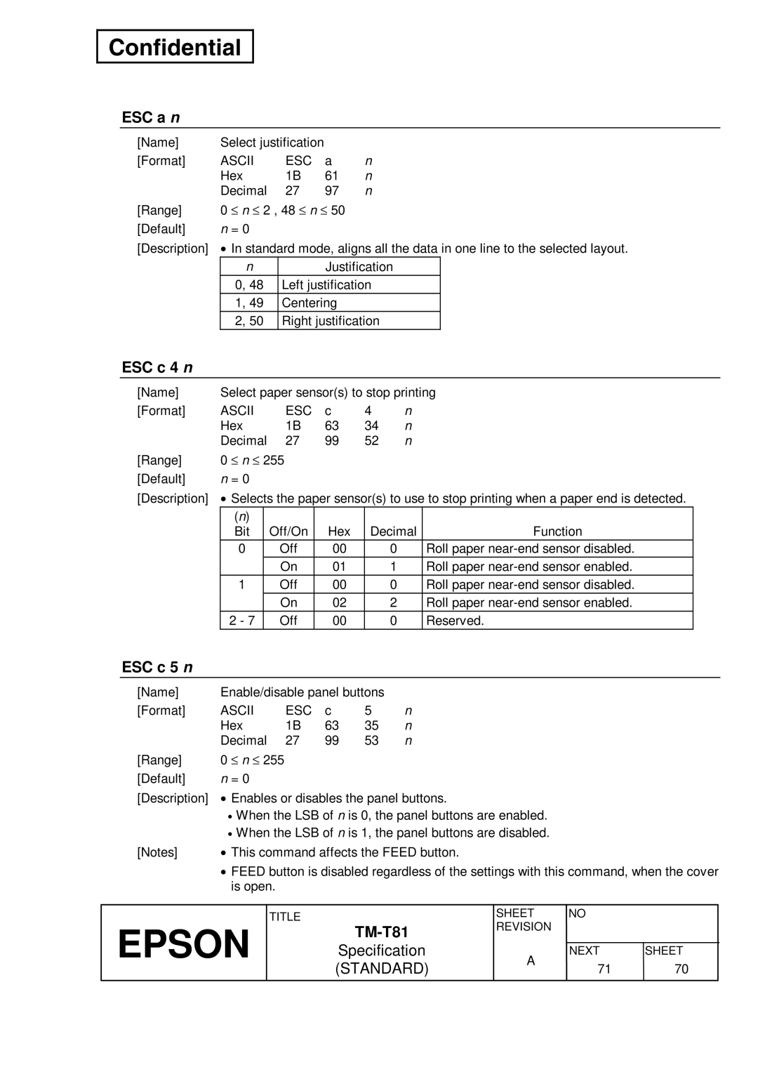 Epson T81 specifications ESC a n, ESC c 4 n, ESC c 5 n 