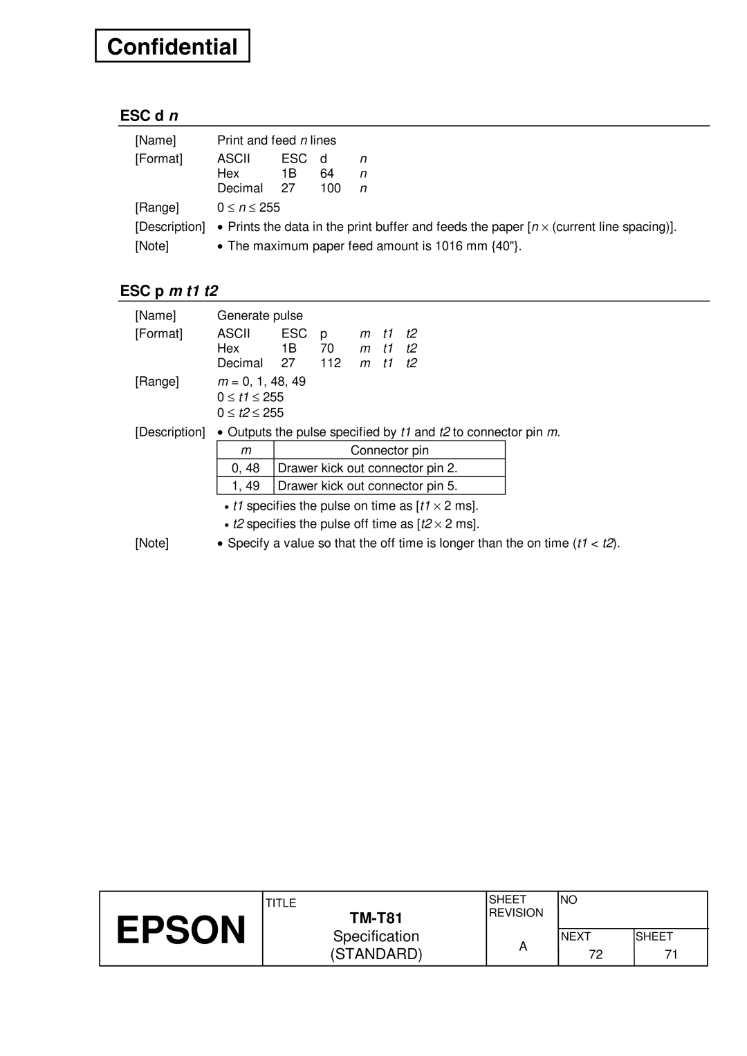 Epson T81 specifications ESC d n, ESC p m t1 t2 