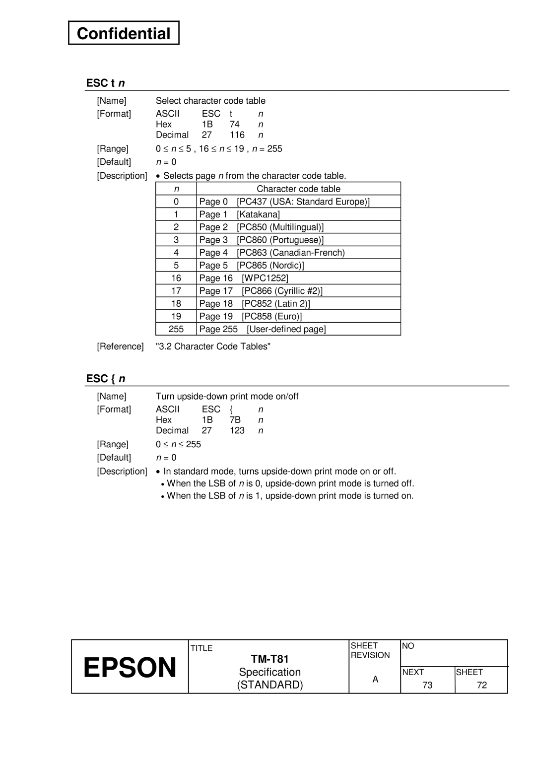 Epson T81 specifications ESC t n, ESC n 