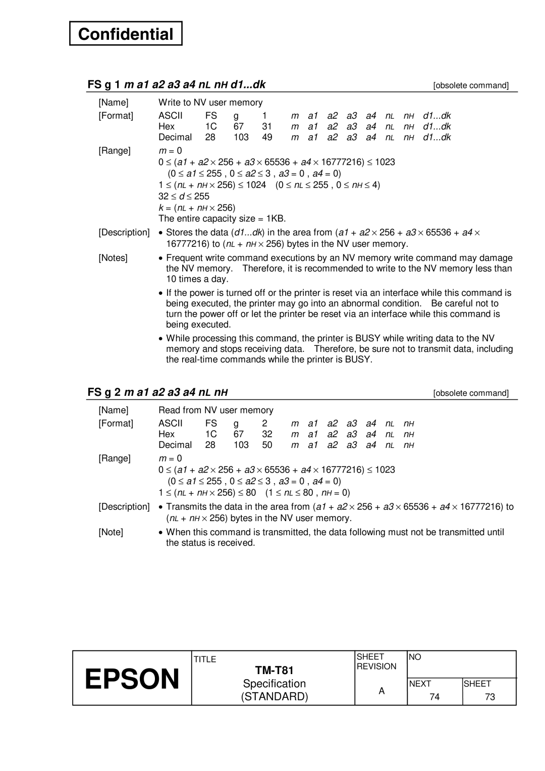 Epson T81 specifications FS g 1 m a1 a2 a3 a4 n L n H d1...dk, FS g 2 m a1 a2 a3 a4 n L n H 