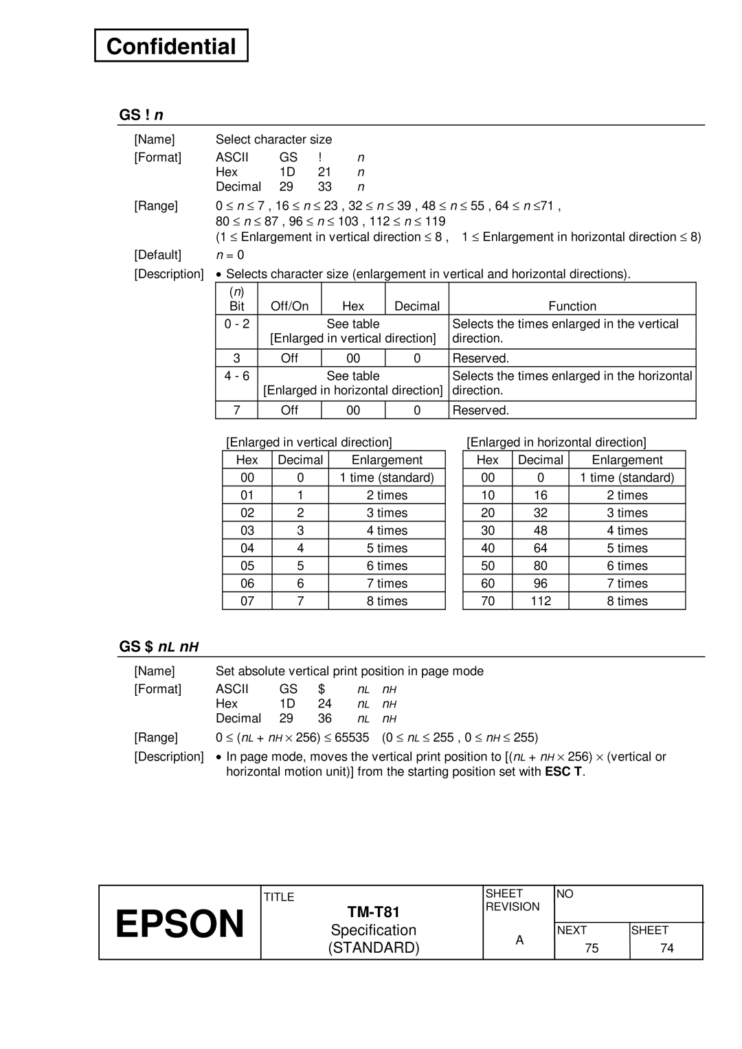 Epson T81 specifications GS ! n, GS $ nL nH 