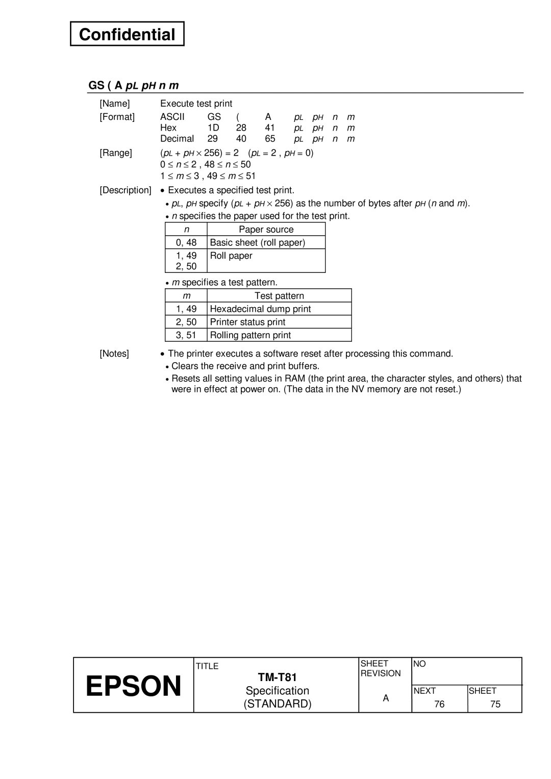 Epson T81 specifications GS a pL pH n m, Test pattern, Hexadecimal dump print, Printer status print, Rolling pattern print 