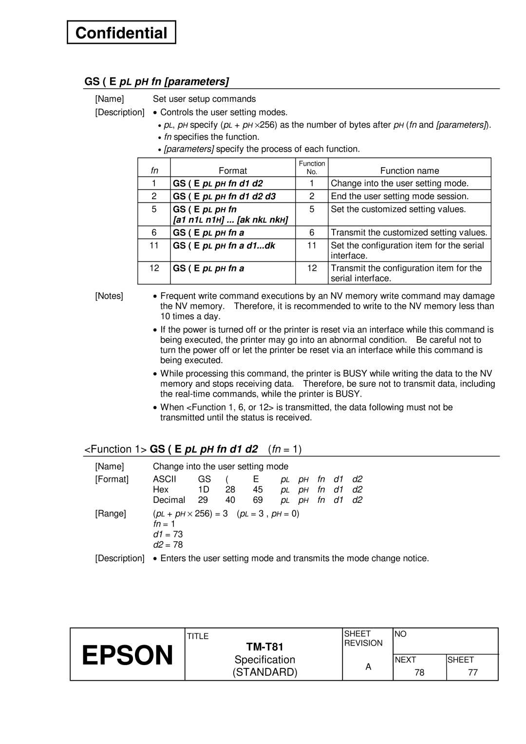 Epson T81 specifications GS E pL pH fn parameters, Function 1 GS E p L p H fn d1 d2 Fn =, Format, GS E pL pH fn a 