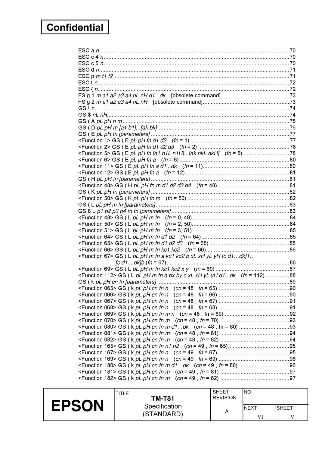Epson T81 FS g 1 m a1 a2 a3 a4 nL nH d1...dk, Function 5 GS E pL pH fn a1 n1L n1H, Function 48 GS H pL pH fn m d1 d2 d3 d4 