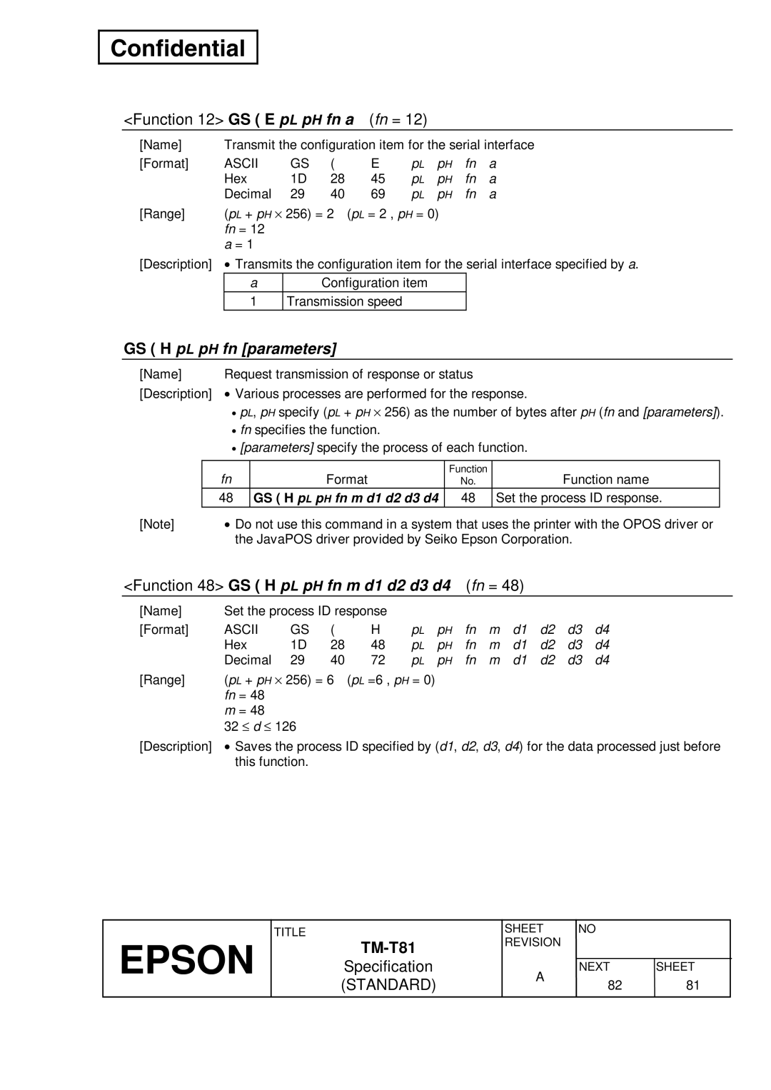 Epson T81 Function 12 GS E p L p H fn a Fn =, GS H pL pH fn parameters, Function 48 GS H p L p H fn m d1 d2 d3 d4 