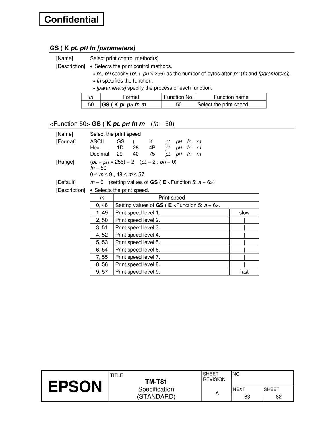 Epson T81 specifications GS K pL pH fn parameters, Function 50 GS K p L p H fn m Fn =, Format Function No Function name 