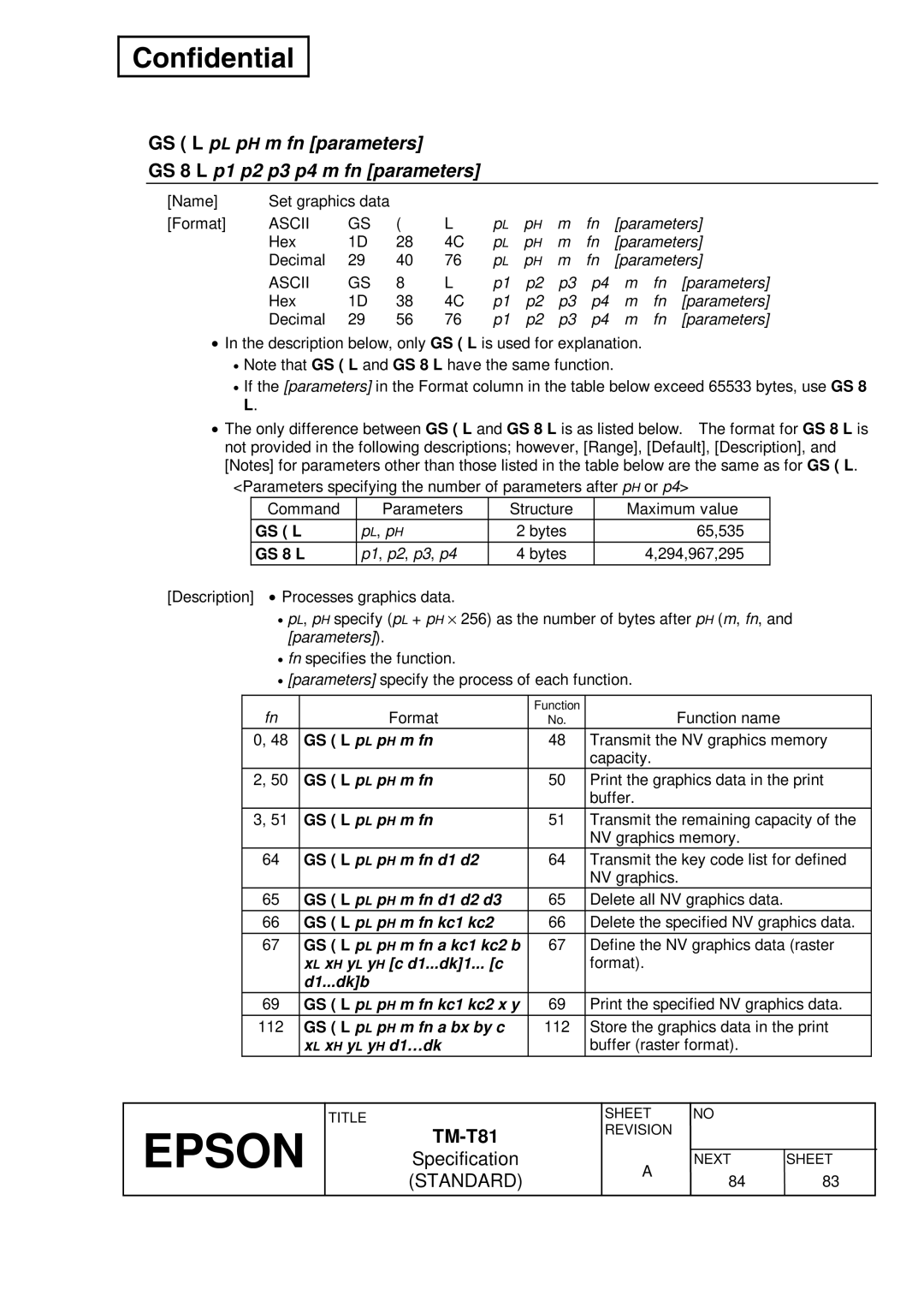 Epson T81 specifications Gs L, GS 8 L, GS L pL pH m fn 