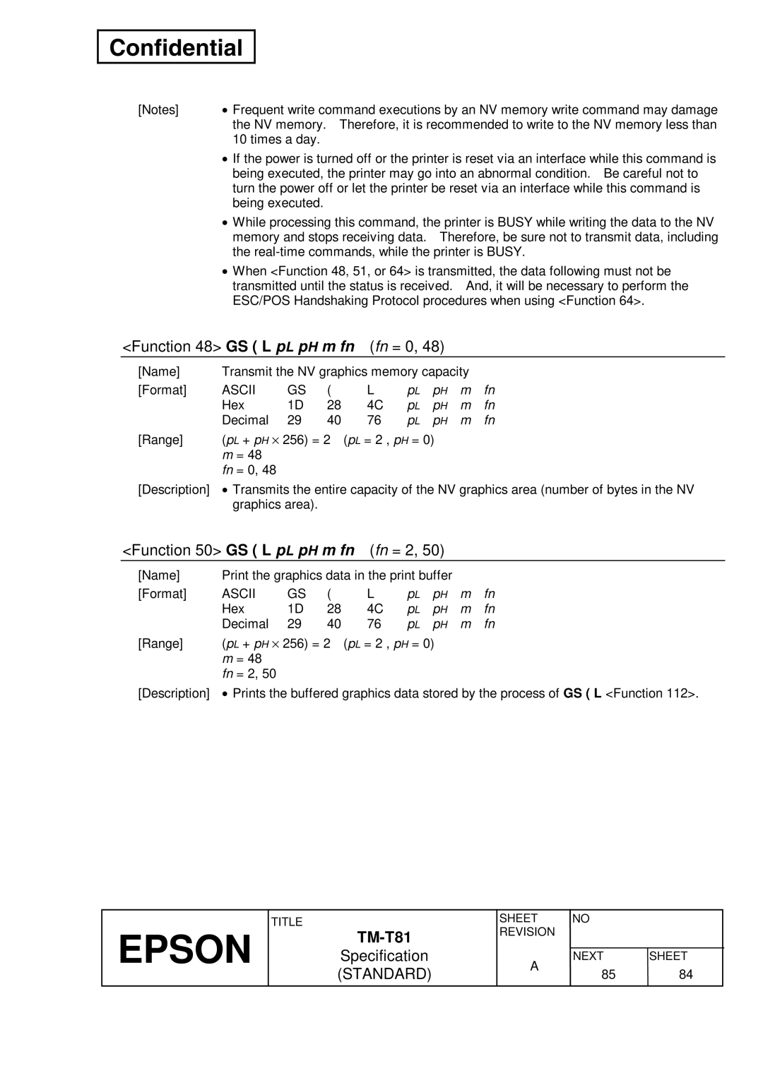 Epson T81 specifications Function 48 GS L p L p H m fn Fn = 0, Function 50 GS L p L p H m fn Fn = 2 