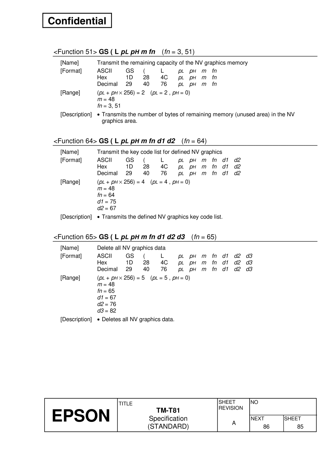 Epson T81 specifications Function 51 GS L p L p H m fn Fn = 3, Function 64 GS L p L p H m fn d1 d2 Fn = 