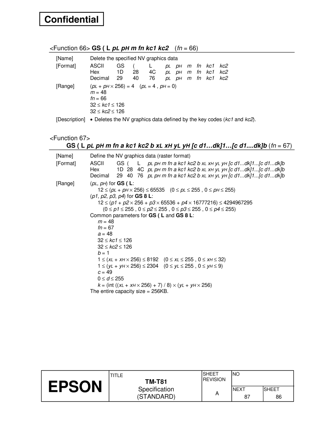 Epson T81 specifications Function 66 GS L p L p H m fn kc1 kc2 Fn =, Kc1 Kc2 