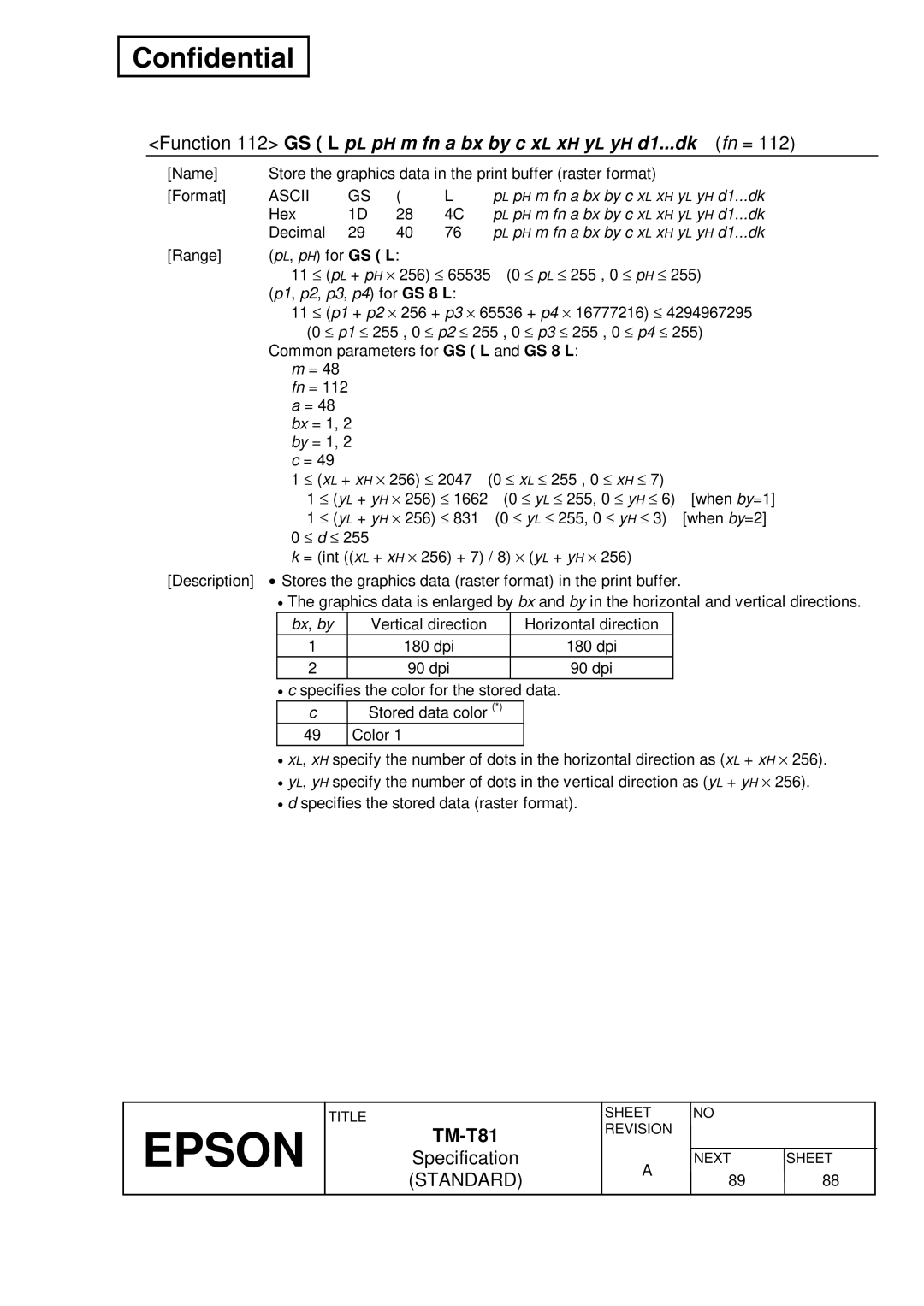 Epson T81 specifications P H m fn a bx by c x L x H y L y H d1...dk, Bx , by 