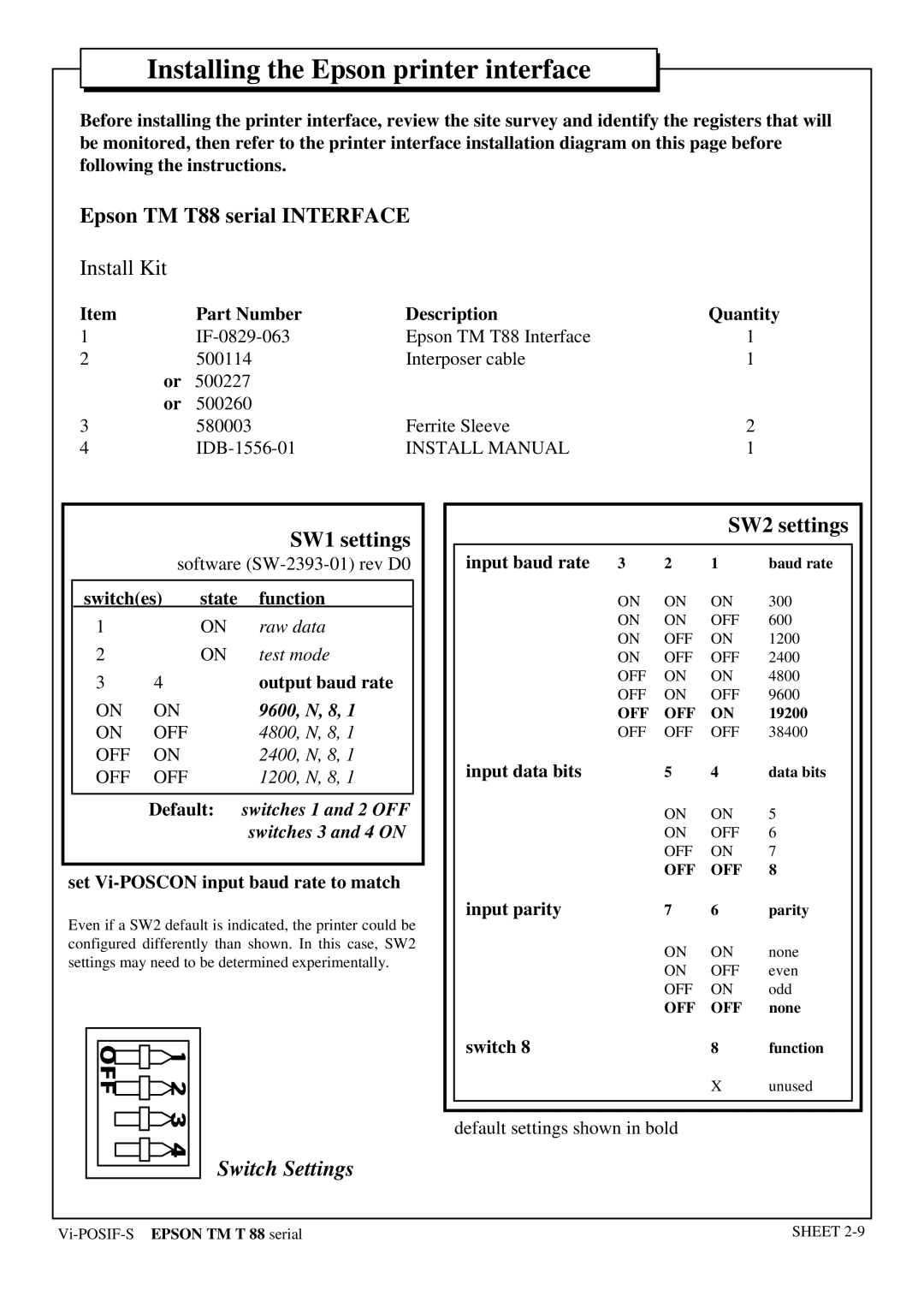 Epson Epson TM T88 serial INTERFACE, SW1 settings, SW2 settings, Installing the Epson printer interface, Install Kit 