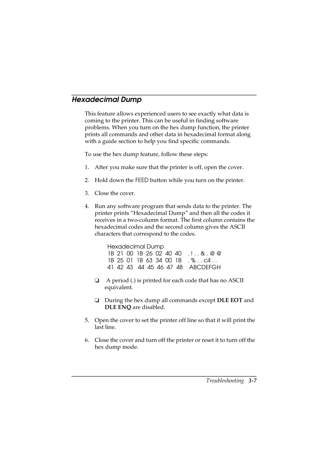 Epson T88II manual Hexadecimal Dump 