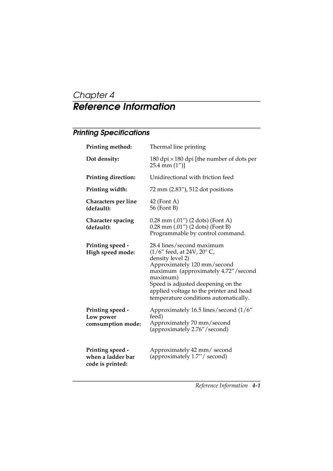 Epson T88II manual Reference Information, Printing Specifications 