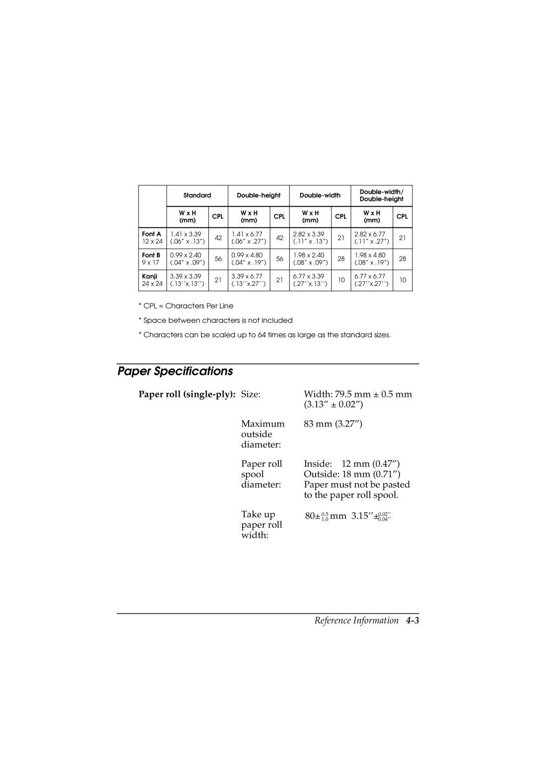 Epson T88II manual Paper Specifications, Paper roll single-ply Size 