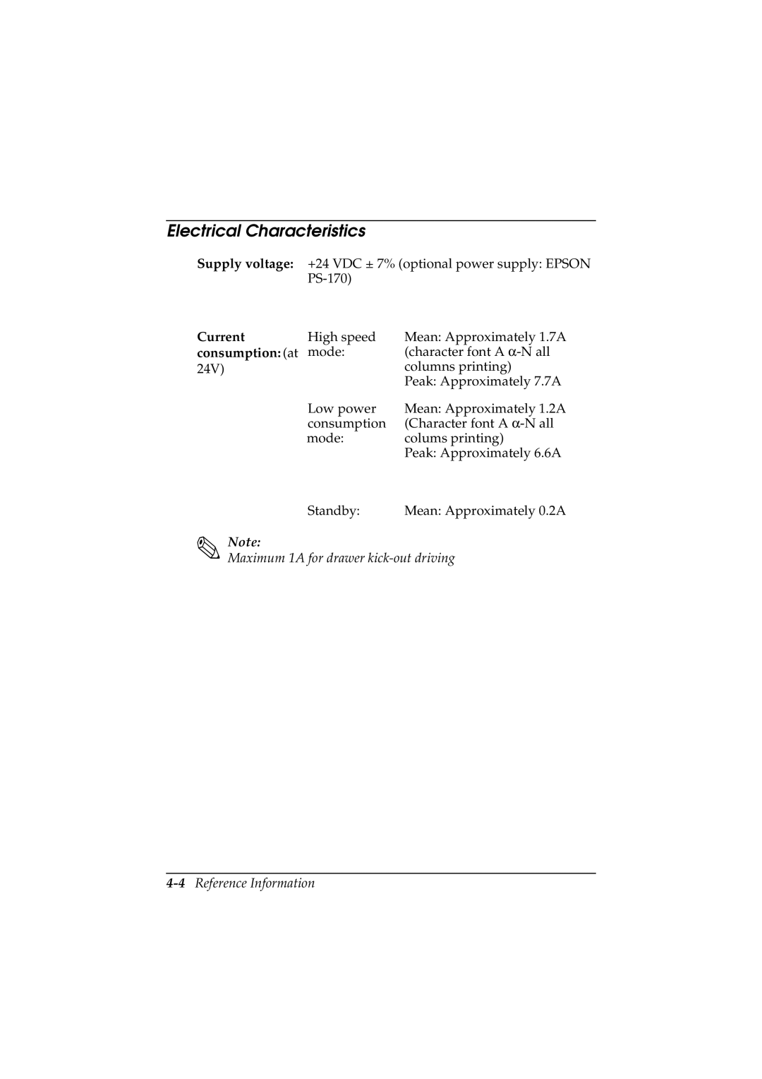 Epson T88II manual Electrical Characteristics, Current, Consumption at 