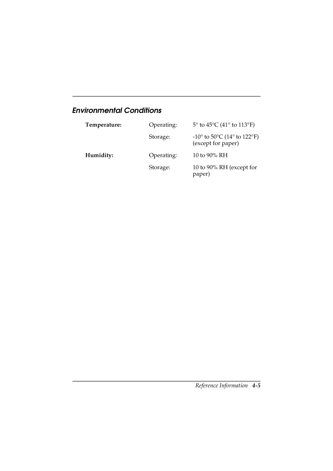 Epson T88II manual Environmental Conditions, Temperature, Humidity 