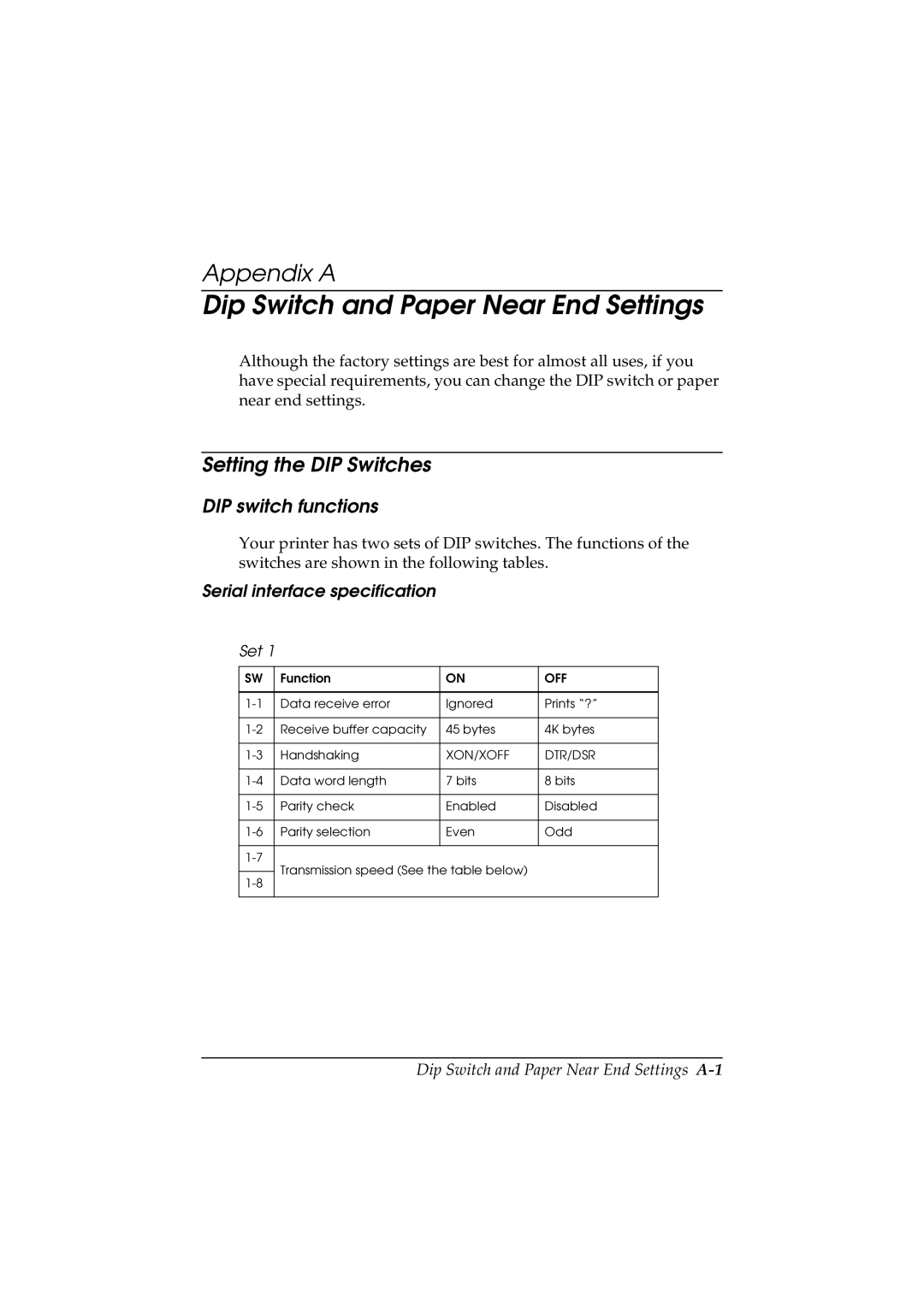 Epson T88II manual Dip Switch and Paper Near End Settings, Setting the DIP Switches, DIP switch functions 