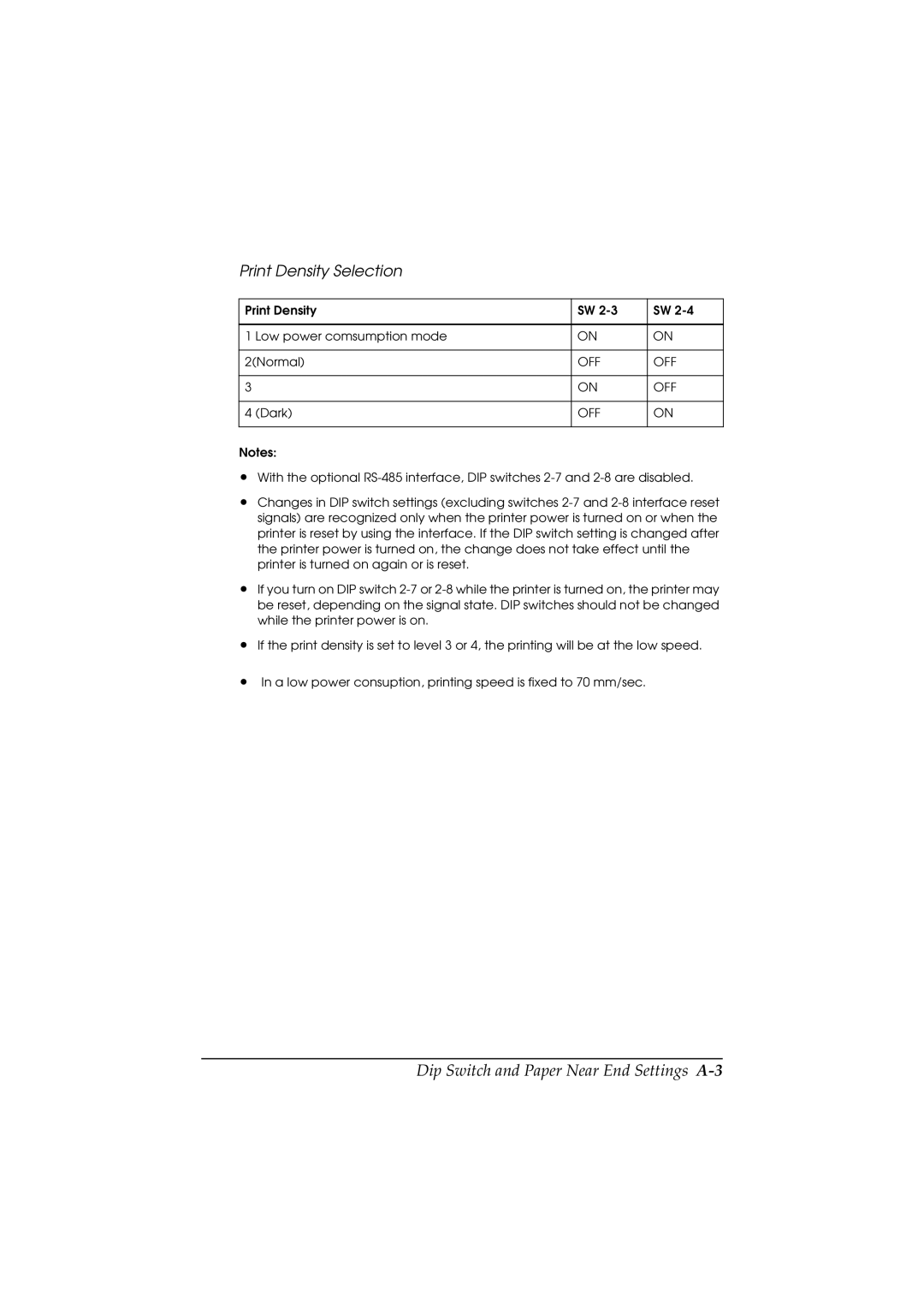 Epson T88II manual Dip Switch and Paper Near End Settings A-3, Print Density Selection 