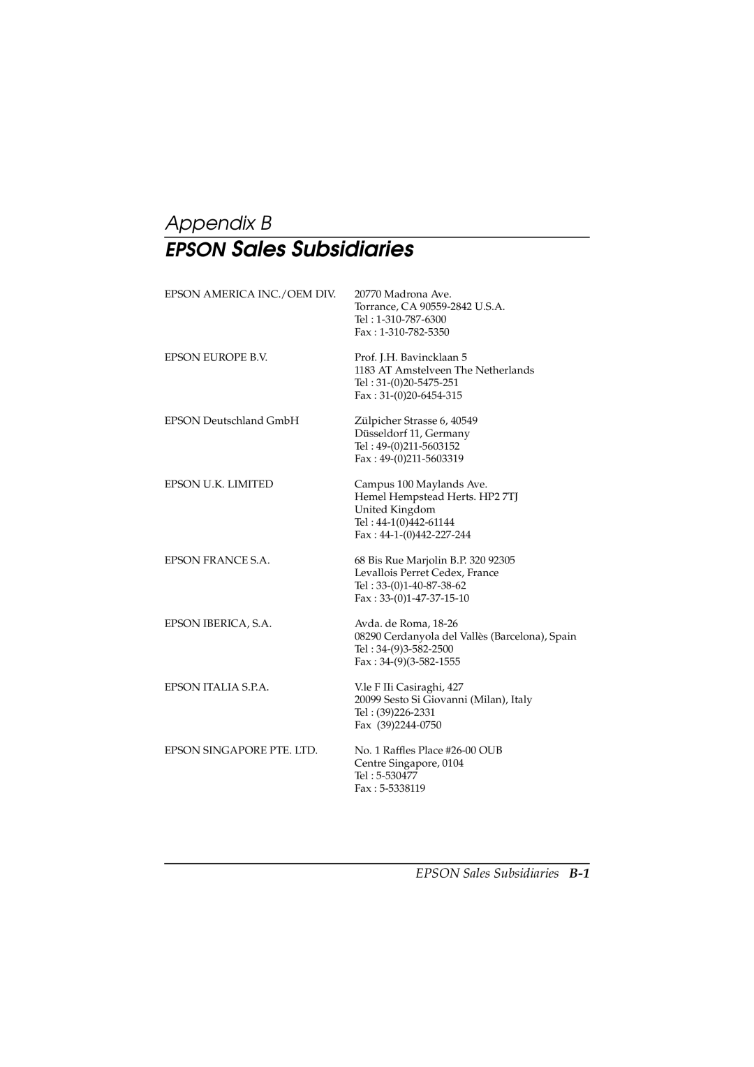 Epson T88II manual Epson Sales Subsidiaries B-1 