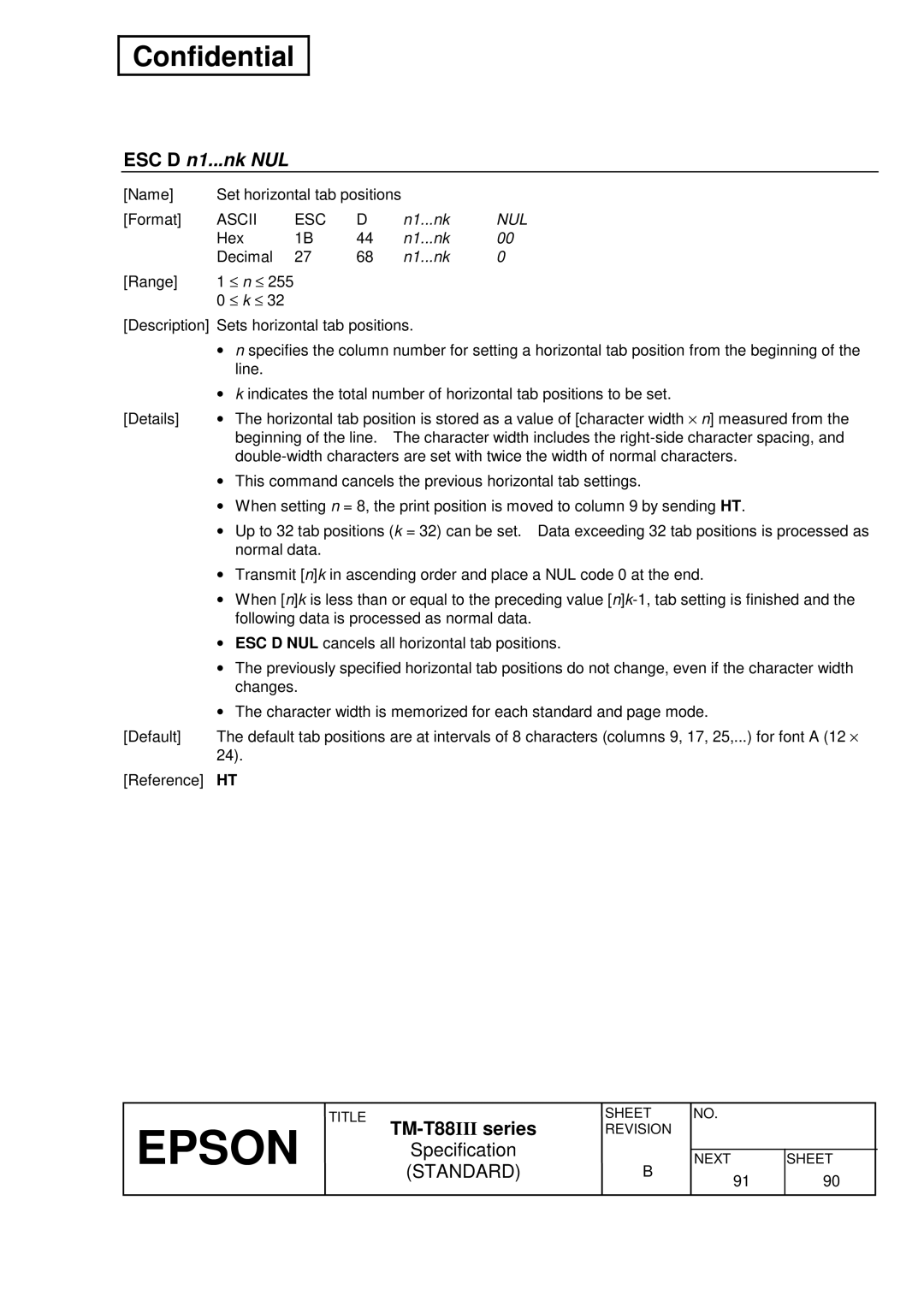 Epson T88III specifications ESC D n1...nk NUL 