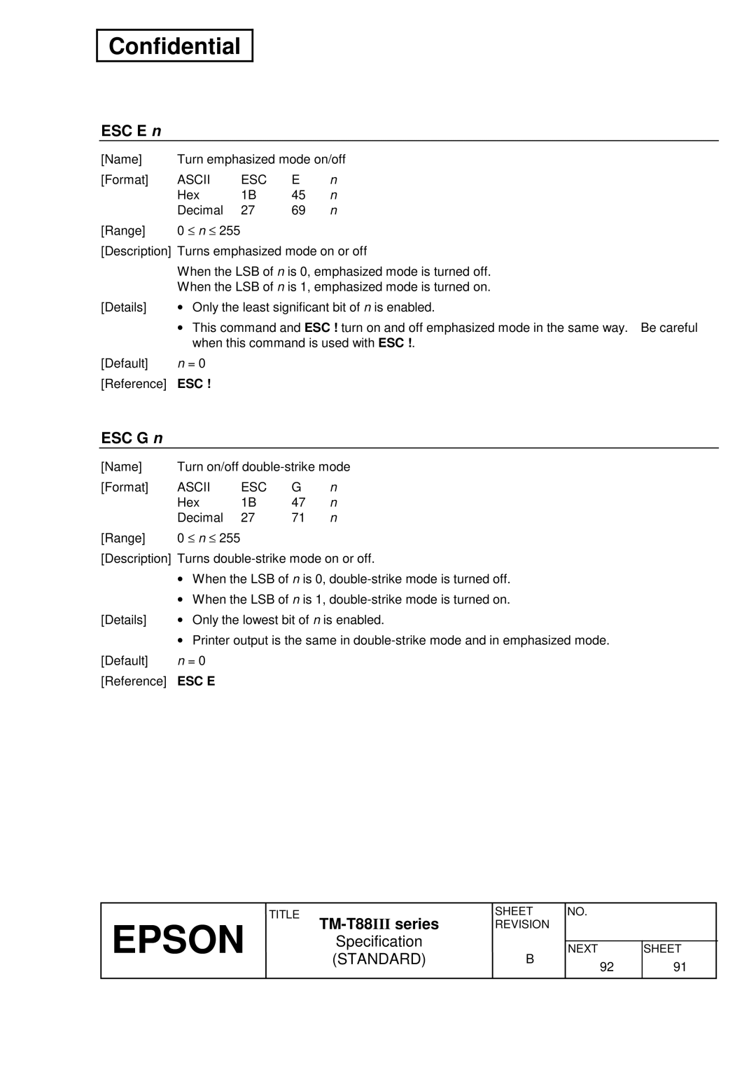 Epson T88III specifications ESC E n, ESC G n 