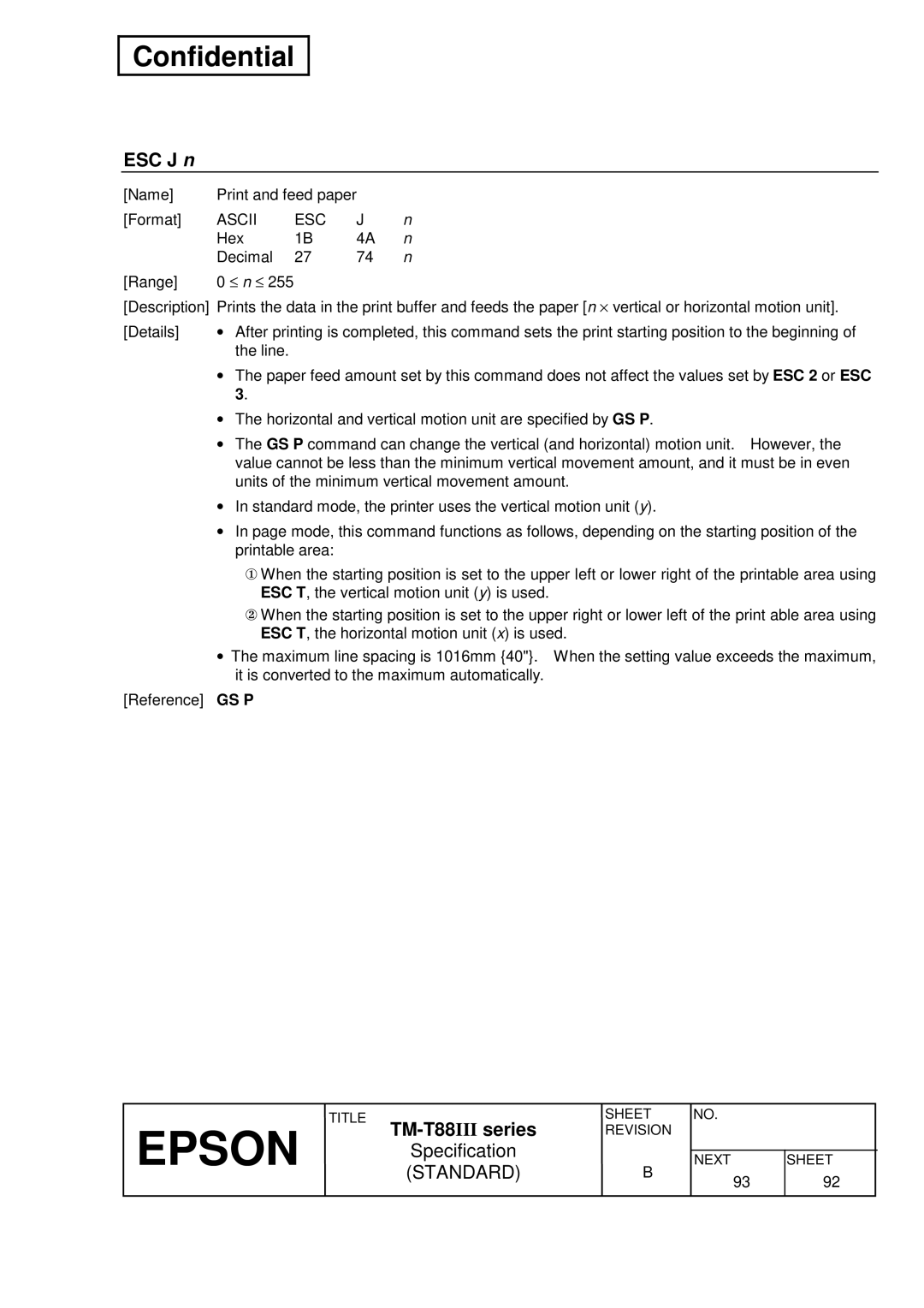 Epson T88III specifications ESC J n 