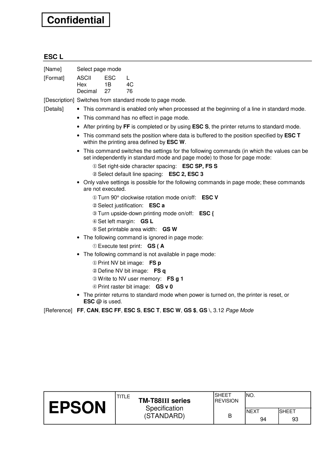 Epson T88III specifications Esc L 