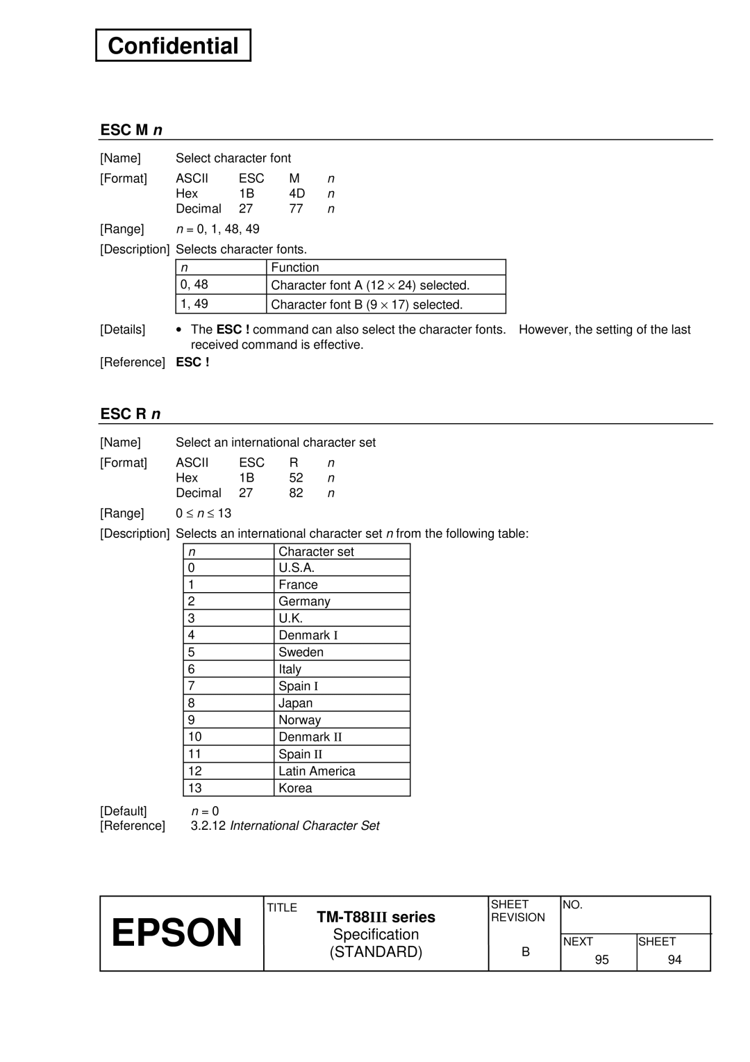 Epson T88III specifications ESC M n, ESC R n 