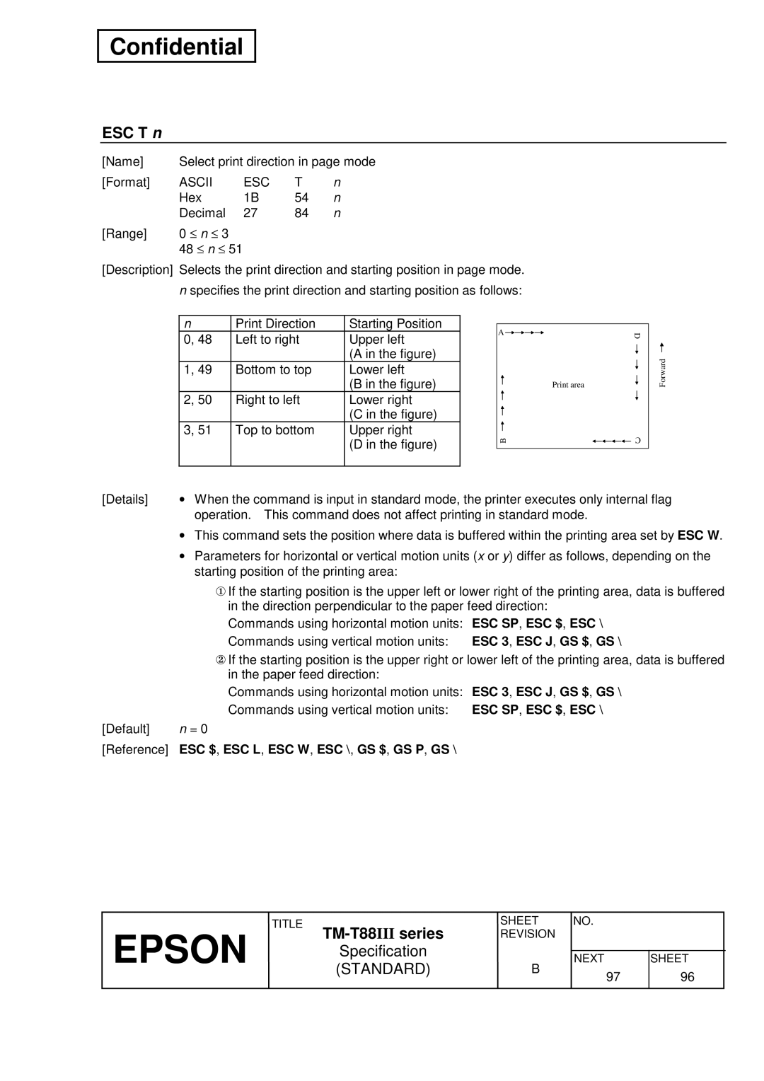 Epson T88III specifications ESC T n, Esc $ , Esc L , Esc W , Esc \ , Gs $ , Gs P , Gs 