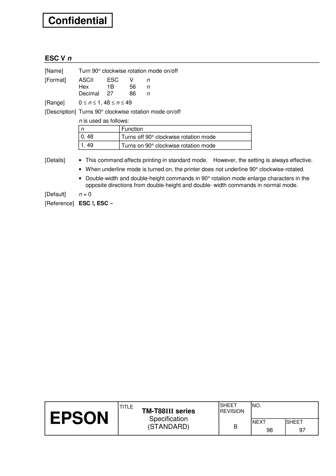 Epson T88III specifications ESC V n, Esc !, Esc 