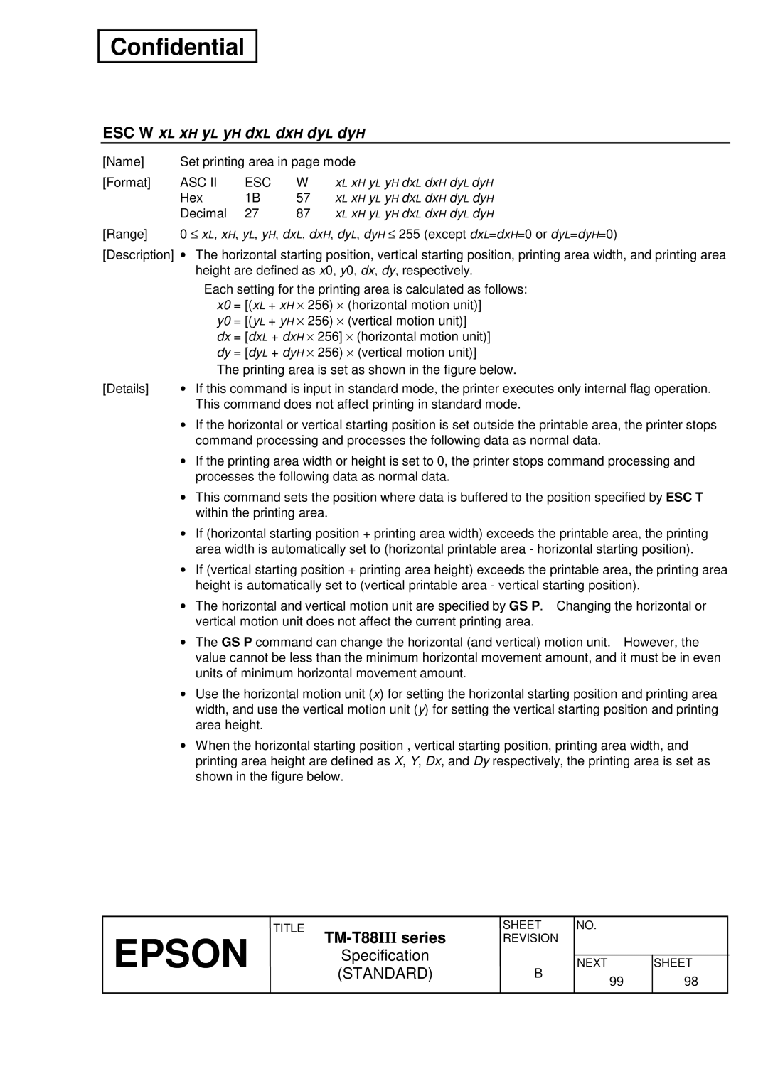 Epson T88III specifications ESC W xL xH yL yH dxL dxH dyL dyH, Asc Esc 