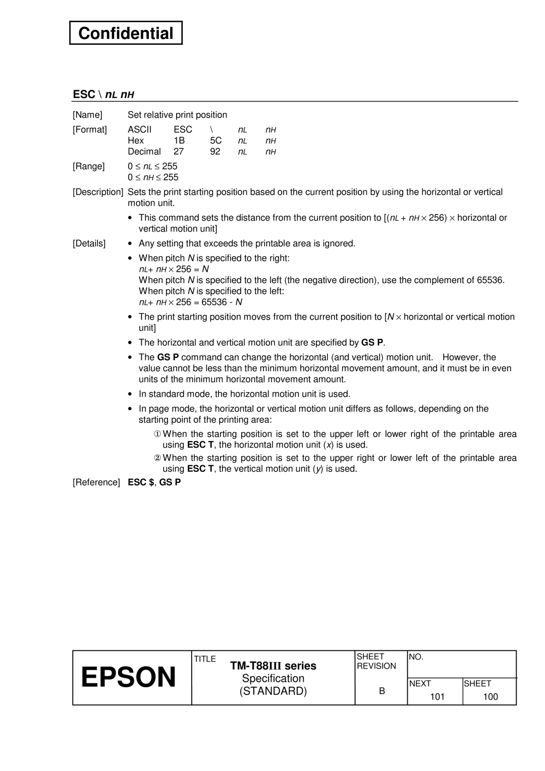 Epson T88III specifications ESC \ nL nH, Ascii ESC 