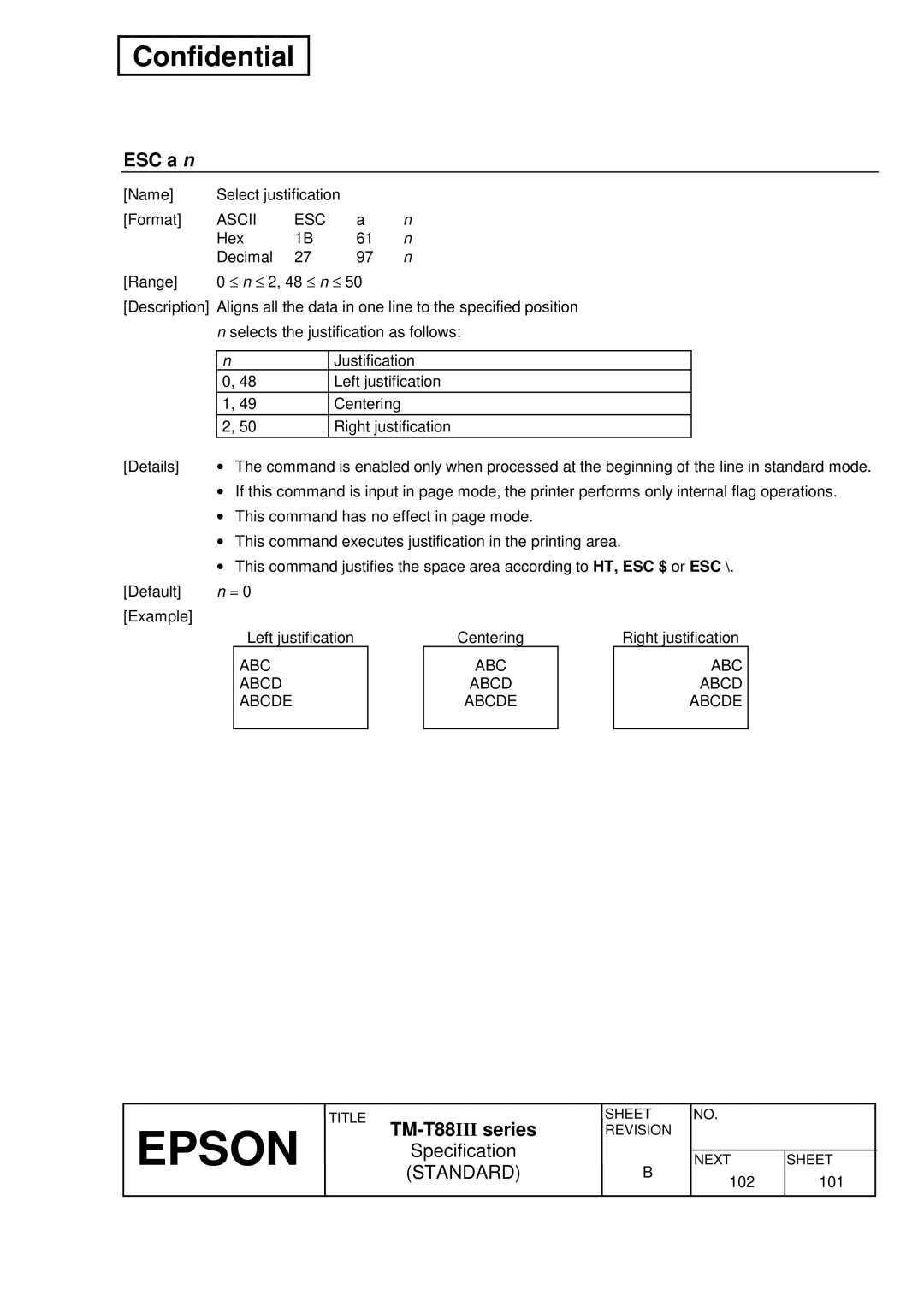 Epson T88III specifications ESC a n, ABC Abcd Abcde 