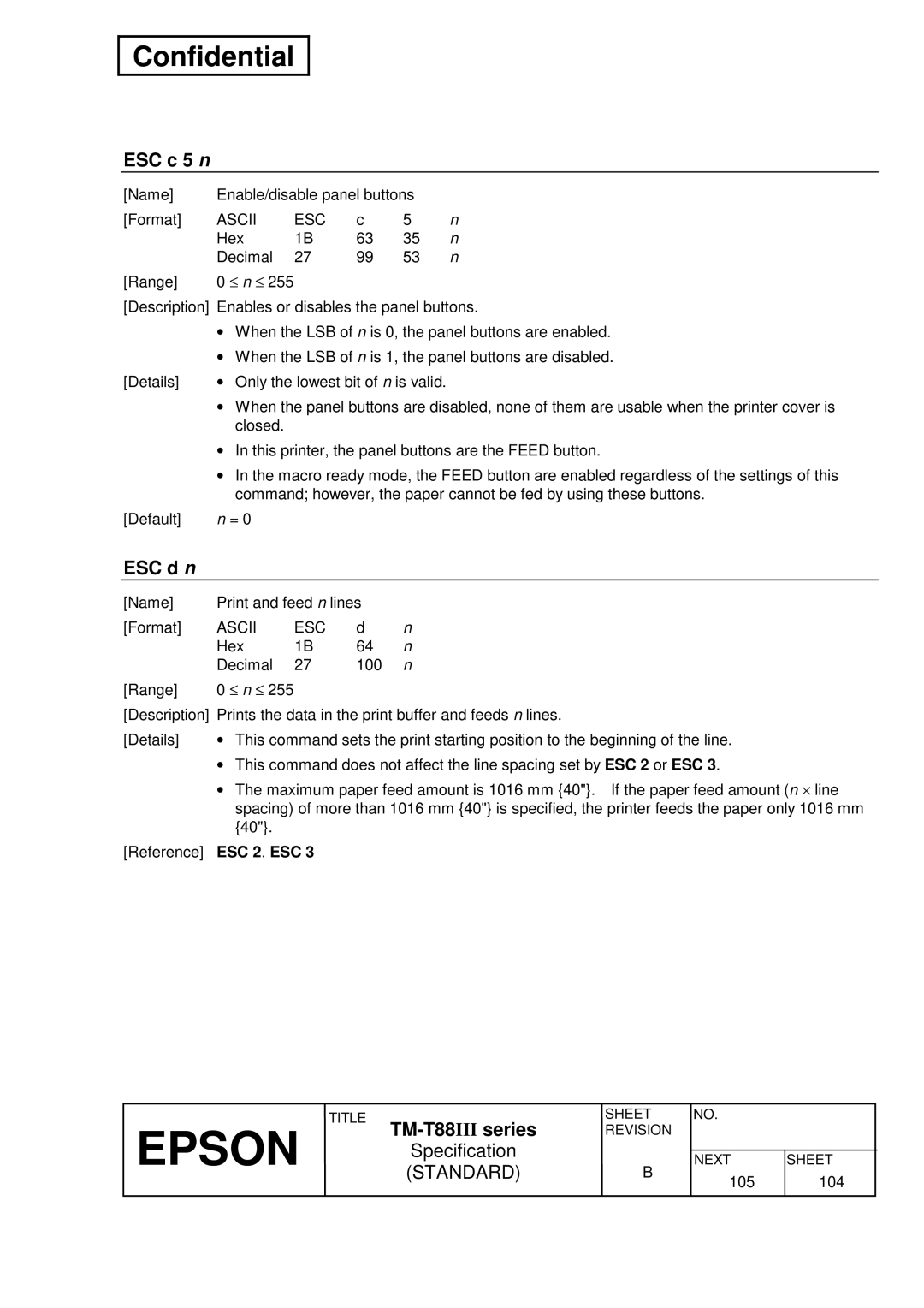 Epson T88III specifications ESC c 5 n, ESC d n, ESC 2 , ESC 