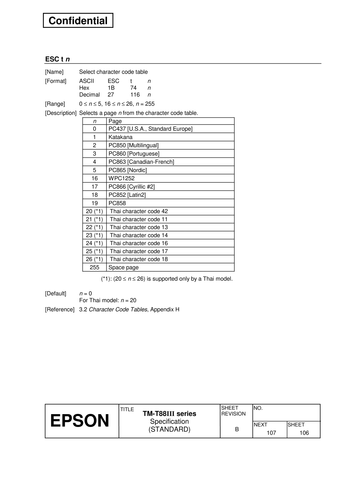 Epson T88III specifications Character Code Tables , Appendix H 