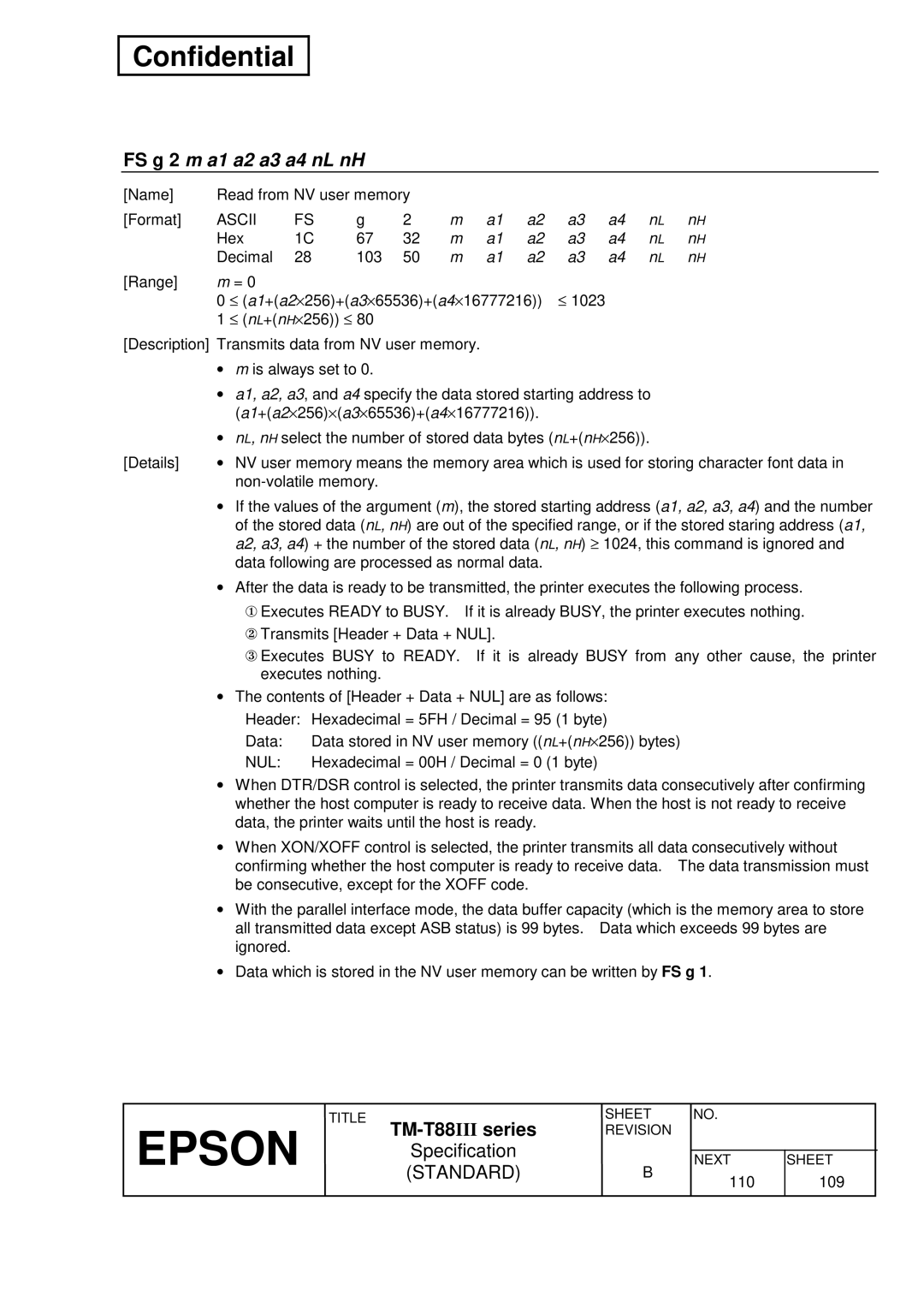 Epson T88III specifications FS g 2 m a1 a2 a3 a4 nL nH, Nul 