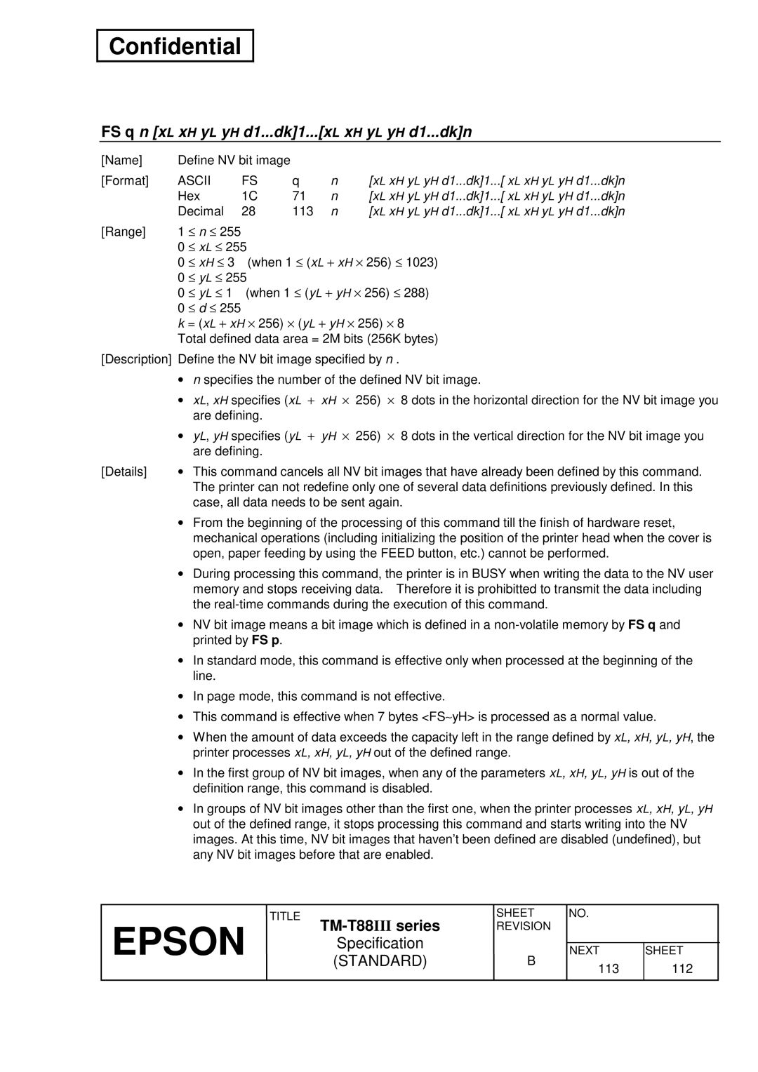 Epson T88III specifications FS q n xL xH yL yH d1...dk1...xL xH yL yH d1...dkn 