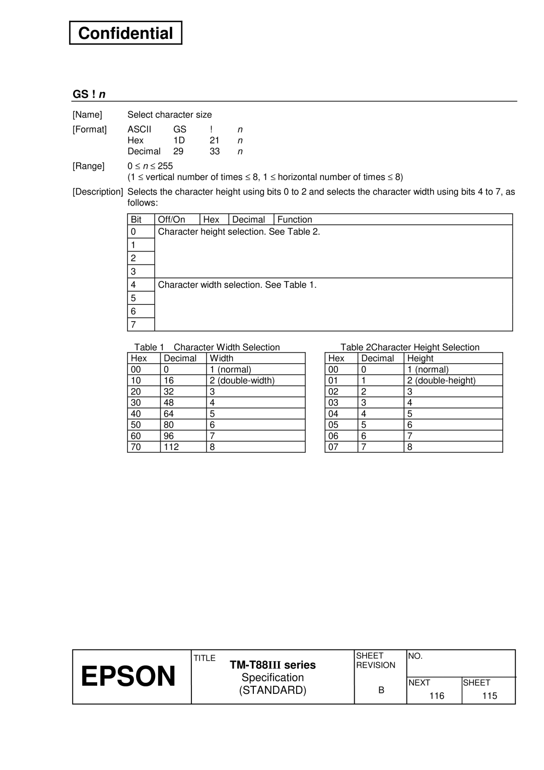 Epson T88III specifications GS ! n, Ascii 