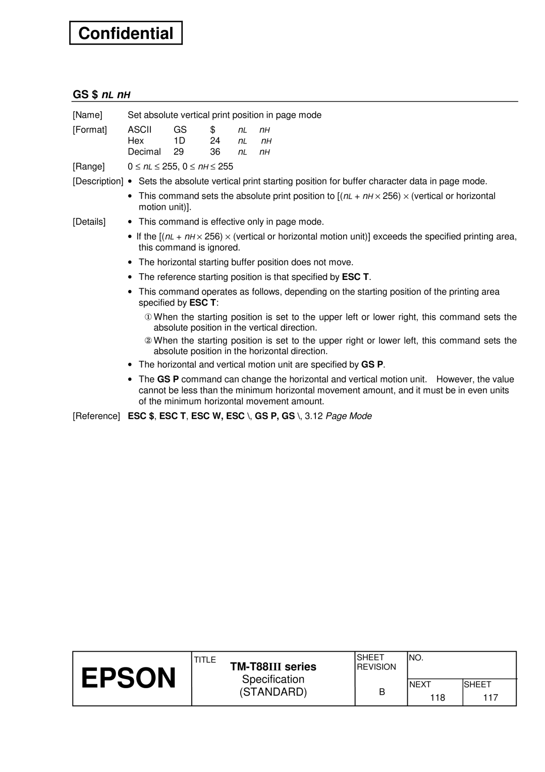 Epson T88III specifications GS $ nL nH 