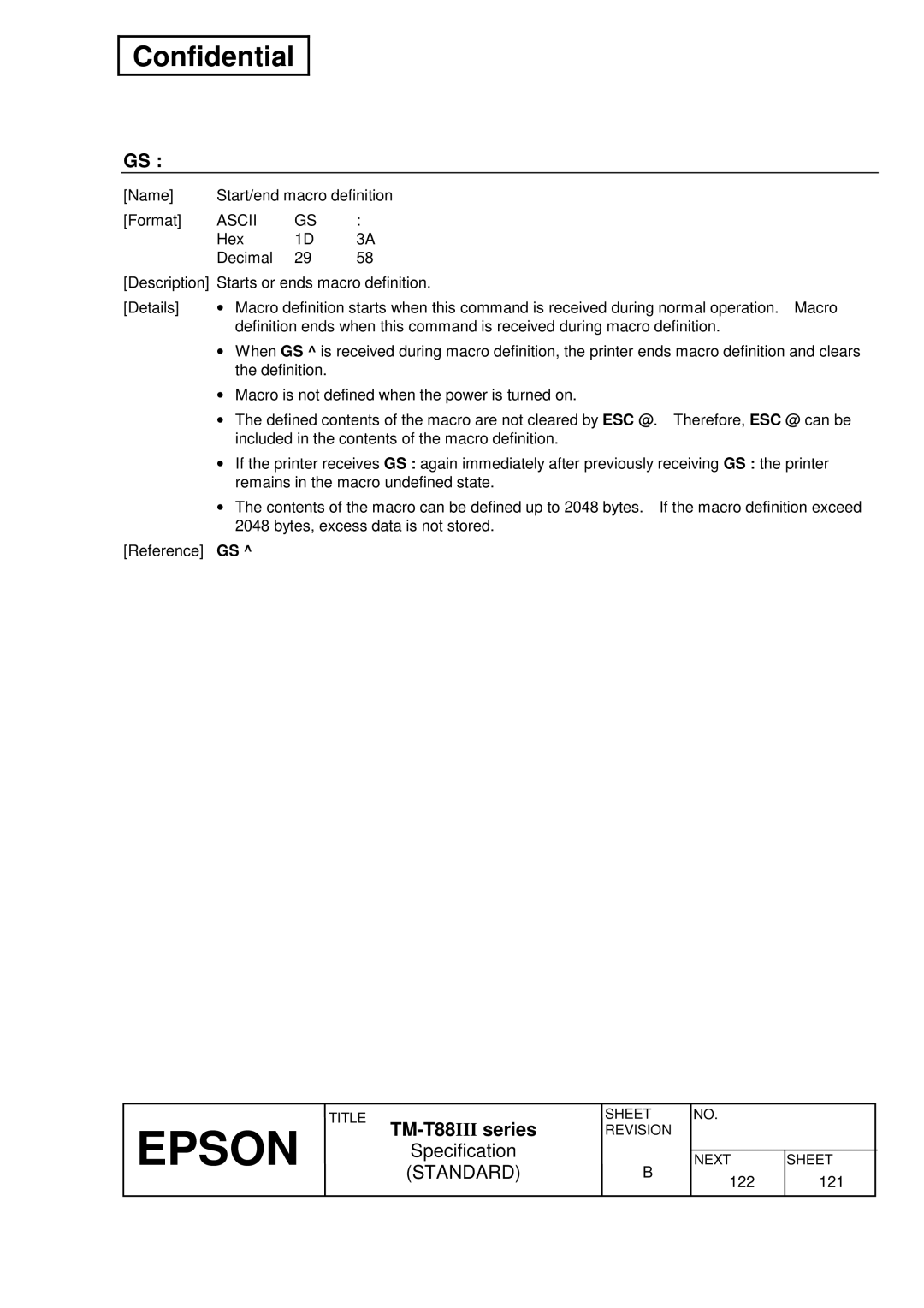 Epson T88III specifications Name Start/end macro definition Format 