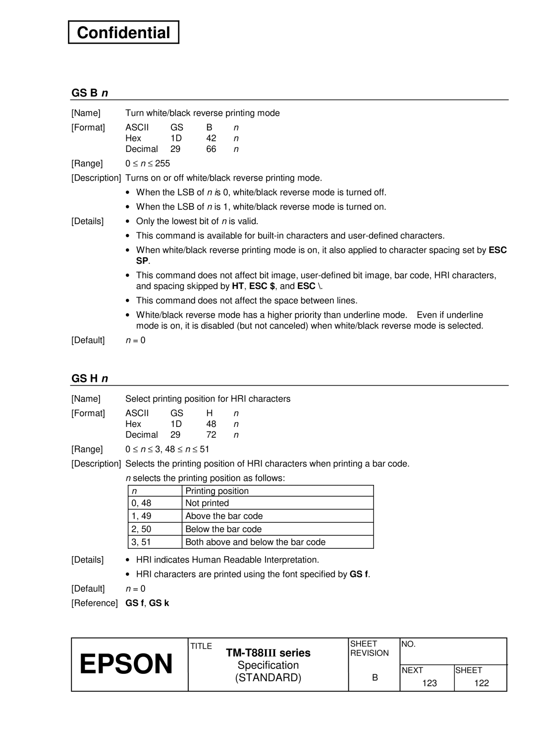 Epson T88III specifications GS B n, GS H n, GS f , GS k 